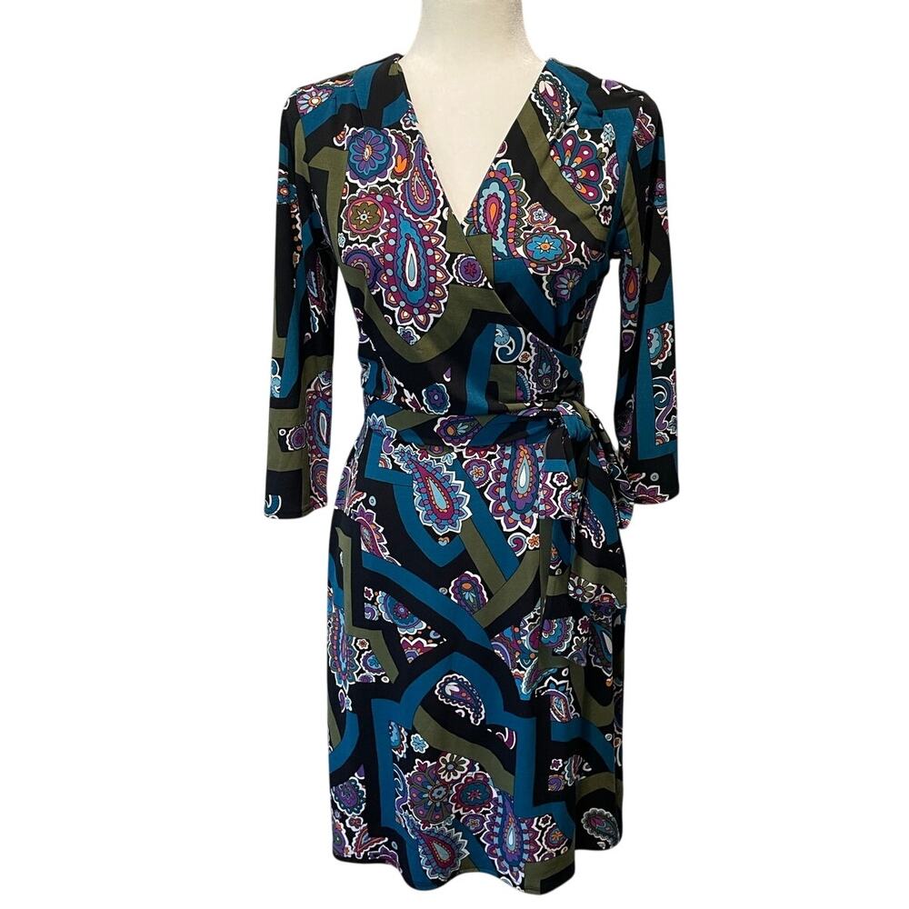 Nicole by Nicole Miller Faux Wrap Dress Sz M Paisley Olive Teal Belted Career